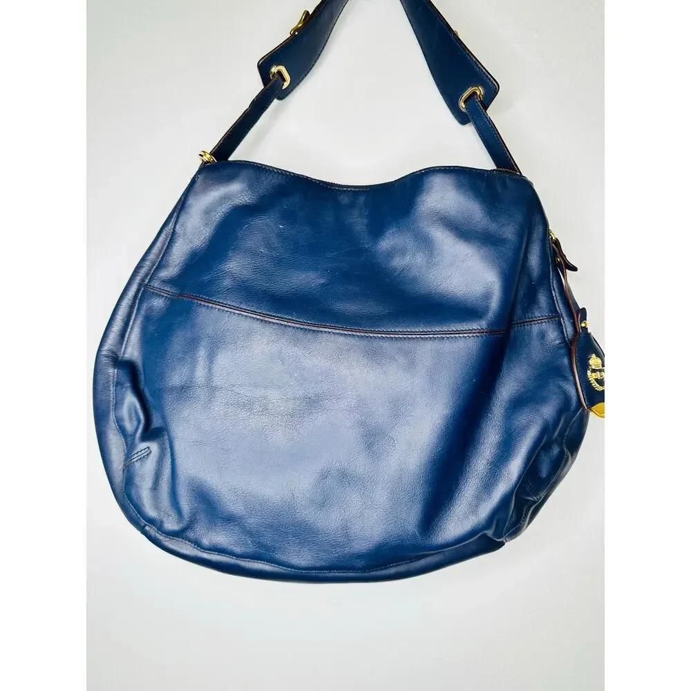 LAUREN RALPH LAUREN Navy Blue Front Pocket Leather Hobo Bag Purse - Picture 2 of 13